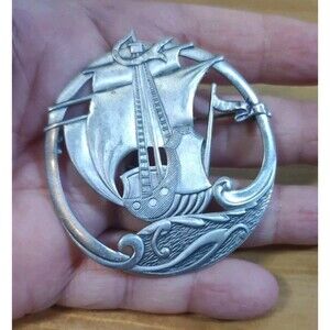 Mid Century Truart Sterling Silver Sailing Ship Boat 2" Brooch Pin Signed 10g